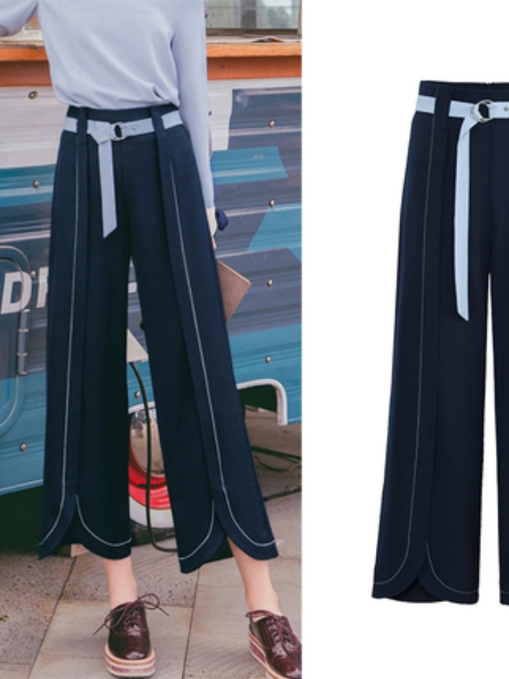Navy Wide Leg Cropped Pants | Contrast Piping Belted Culottes